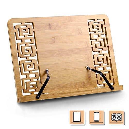 Bamboo Reading Rest Cookbook Holder,Foldable Bookrest Tablet Stand with Adjustable Backing&Elegant Pattern for Cook Book,Recipe,iPad Air 2 3 4,Kindle,Samsung Tablet PC,34 * 24 * 4.5 cm