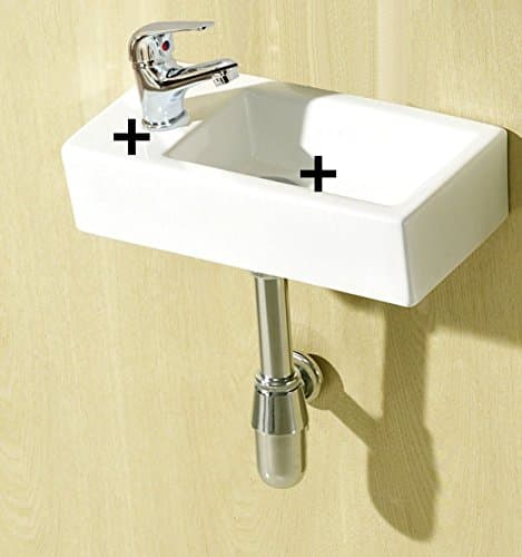 Minimo Super Tiny Mini Small Compact Square Rectangle Cloakroom Basin Bathroom Sink Wall Hung 375 X 185 Left Hand + Mini Mixer Tap + Un Slotted Click Clack Waste (MINIMO-LH+V05)