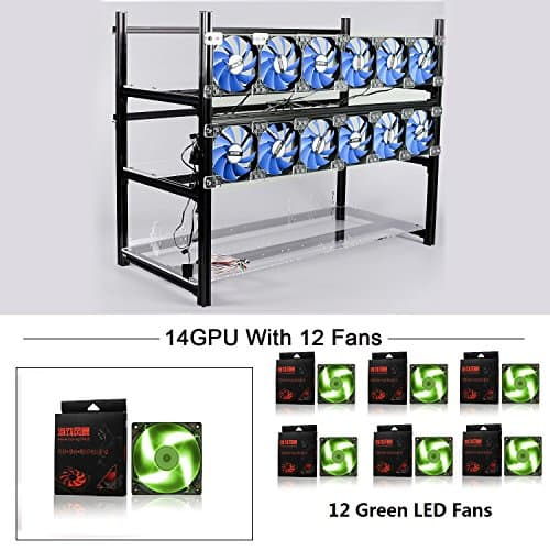 14 GPU Mining Rig Aluminum Stackable Case With 12 LED Fans Open Air Frame Miner Kit For ETH/ZEC/Bitcoin/Decred/Z Cash (Black-GF)