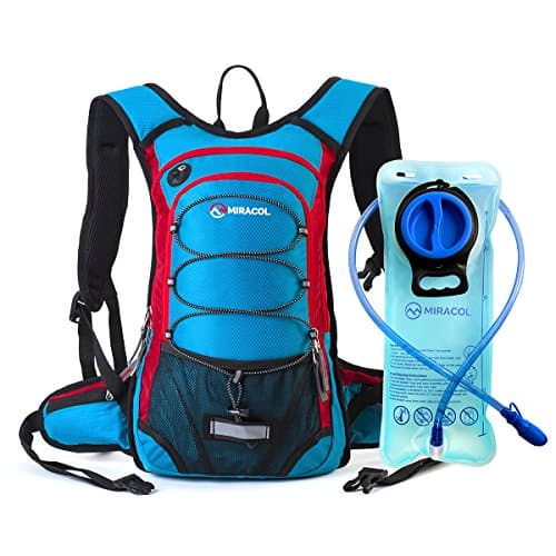 Miracol Hydration Backpack with 2L Water Bladder - Thermal Insulation Pack and Flow Tube Keeps Liquid Cool up to 4 Hours – Multiple Storage Compartment – Best for Hiking, Runing, Cycling, Skiing (Blue + Red)