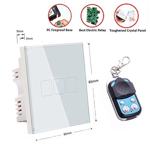 Smart Touch Screen Switch, White UK Standard Touch Panel Remote Control Smart Light Wall Switch 3 Gang 1 Way Crystal Glass Panel Home Wall Light Switch Only Live &amp; Firing Wiring