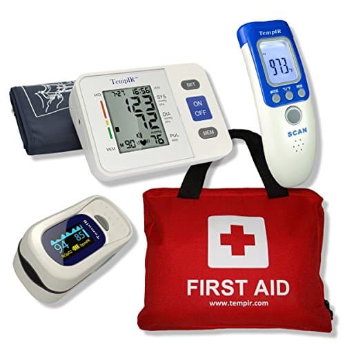 TempIr Discounted Multi Pack - First Aid Kit Contains over 100 Items - Finger Pulse Oximeter - Body Temperature Thermometer - Arm Blood Pressure monitor - 4 essential Health Items at a special pack Price. CE Approved and Money Back Guarantee.