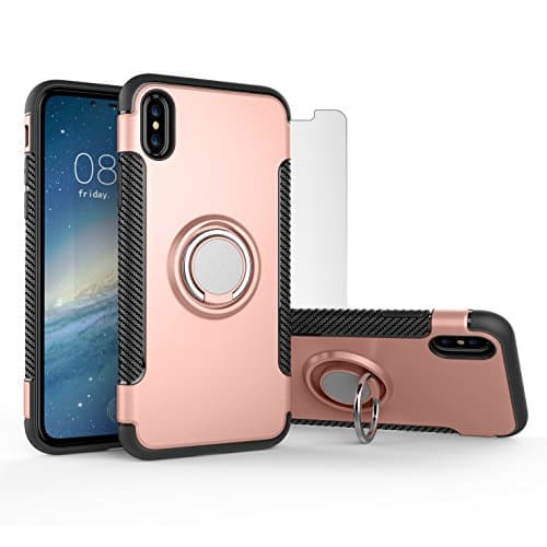 iPhone 10 / X - Protective Phone Case and Tempered Glass Screen Protector [Bundle] - Shock Absorption with Built-in 360 Degree Rotating Finger Ring Grip Holder and Stand - Magnetic Car Mount Compatible (2018 Q1) (Pink)