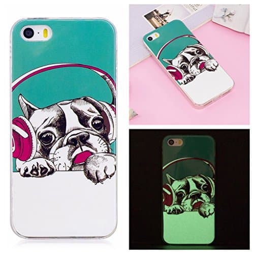 iPhone 5S Luminous Case, Yunbaozi iPhone SE Case New Pattern Soft Silicone Case Transparent Protective Cover * Inner Pattern Never Peel Off * Flexible Smooth Skin TPU Rubber Cover Slim Lightweight Shell Glowing in the Dark * Anti-Shock Anti-Scratch Creative Design Cover for iPhone 5 /5S /SE - Puppy Wearing Headphones