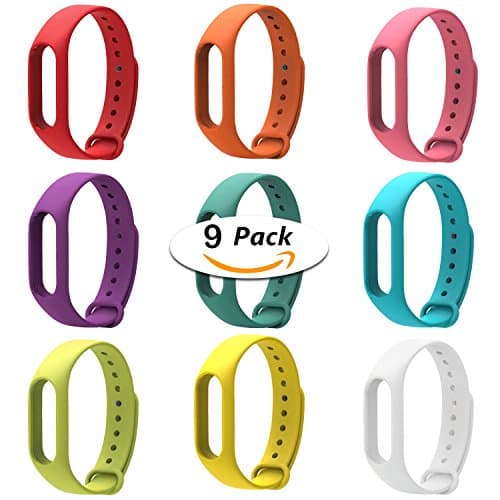 LuckWin Replacement Strap for XIAOMI Wireless MI BAND 2 Bracelet Smart Wristband Extensible Colorful Waterproof (9 Pack - Red Orange Pink Purple Green Blue Pistachio Yellow White)