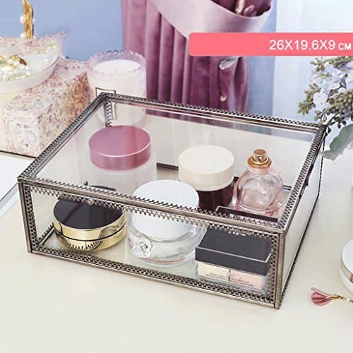 Storage Box Transparent Multifunction Retro High Capacity Dust-proof with Cover Metal Frame Glass Bronze Fashion for Women Desktop Cosmetic Box Non-acrylic Dresser Bathroom Rectangle UOMUN