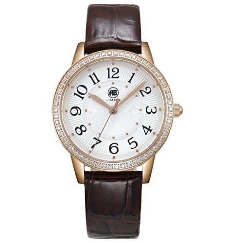 DMwatch Dark-Brown Leather Strap Dial Digital Display White 34mm Case Rose-Gold Bezel With Crystal Fashion Women's Wrist Watches