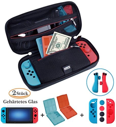 【Nintendo Switch Case Kit】 ANGPO®Nintendo Switch Case and Accessories-game bag/Screen Protector/Joy-con Protection Set/Game Card Storage Case 4in1 Set (CaseKit-Red)