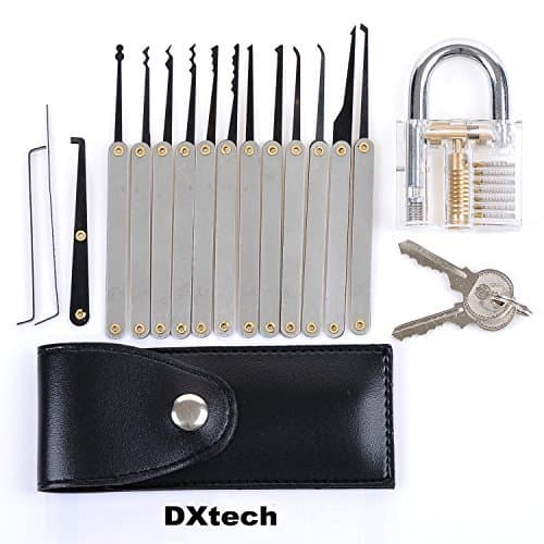 DXtech® 15-Piece Unlocking Lock Pick Set Key Extractor Tool + Transparent Practice Padlocks