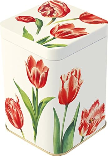 Tea Caddy - 4oz - Small Square - RED TULIPS Design - 10.5cm