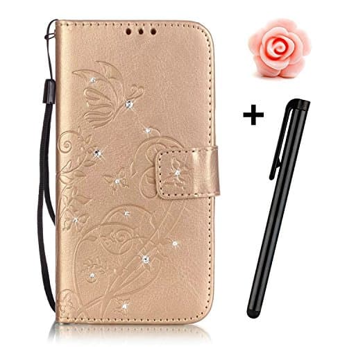 iPhone 6S Plus Bling Wallet Case,Tebeyy Slim Premium [Leather Wallet],Flip Book Cover with Kickstand,[Magnetic Closure],[Card Slots],for Apple iPhone 6 Plus/6S Plus 5.5",Luxury Bling Diamond Rhinestone Elegant Pressed Butterfly Rose Flower Design Genuine Pu Leather Pouch Protective Case Cover for iPhone 6 Plus/6S Plus+Free Flower Dust Plug+Free Stylus-Flower,Gold