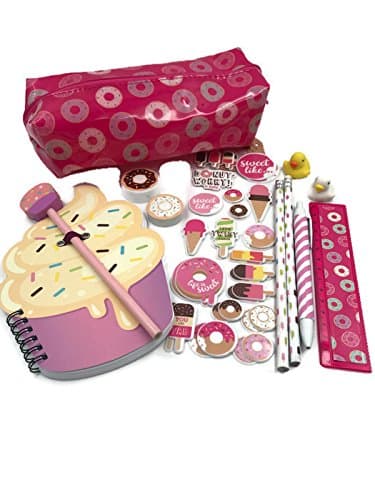 A Unique 13 Piece Stationery Set Bundle With A Cup Cake Shaped A5 Pocket Notebook, A Large Donut Pencil Case, 2 Sheets of Donut Stickers, Donut Shaped Rubber &amp; Pencil Sharpener, 2 X Pencils, Pen &amp; Ruler with 2 X 3D Duck Erasers. Supplied By The Sweetest Peas