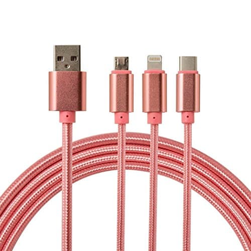 Micro Usb Cable, punson 3 in 1 Multi USB Charging Cable Adapter Lightning Connector with 8 Pin Lightning , Type C and Micro USB 3.3ft (Rose)