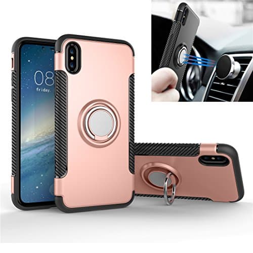 iPhone X case, Rexang [360 ° Kickstand] Rotating Ring Case [Dual Shockproof] Protection Cover [Magnetic Car Mount] for iPhone X (iPhone X, Rose Gold)