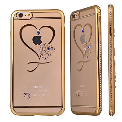 iPhone 6S Plus Case,iPhone 6 Plus Case,Soft TPU Love Heart Design Glitter Diamond Gold Electroplate Plating Frame Crystal Clear TPU Bumper Case Cover for iPhone 6/6S Plus 5.5"