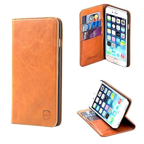 Allshield iPhone 6 & 6S Case | Slim Real Leather Flip Wallet | 3 Card Slots & Cash Pocket | Brown Tan