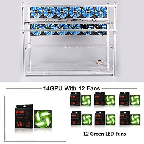 14 GPU Mining Rig Aluminum Stackable Case With 12 LED Fans Open Air Frame Miner Kit For ETH/ZEC/Bitcoin/Decred/Z Cash (Silver-GF)
