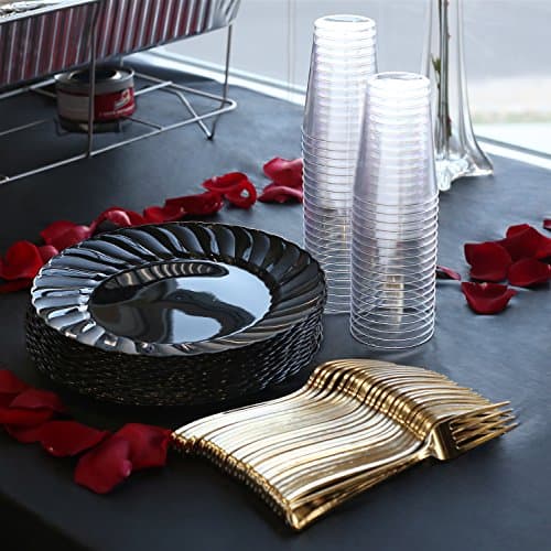 Kaya Collection - Black Disposable Plastic Buffet Party Package - Includes Buffet Plates, Gold Forks and Tumblers (90 Person Package)