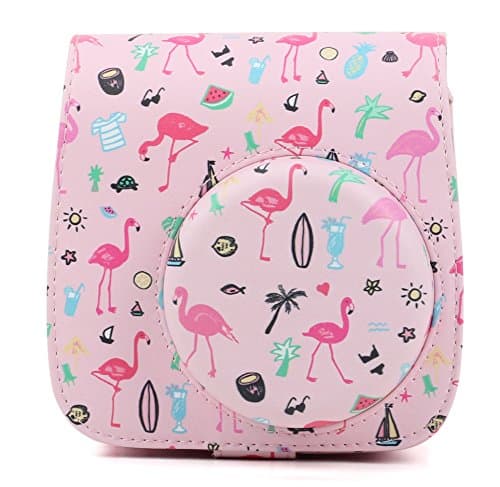 Alkia Protective Case Compatible for Fujifilm Instax Mini 9/Mini 8/Mini 8+ Instant Camera Case Bag - Premium Vegan Leather Bag Cover with Removable Strap (Pink Flamingo)