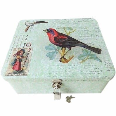 box tin tiny small decorative metal nostalgia bird red blue