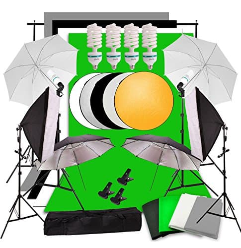 Abeststudio Studio Continuous Lighting Kit Softbox Umbrella Soft Box + Black White Green Gray 4 Backdrop Background + Support Stand 60cm 5 in 1 Reflector