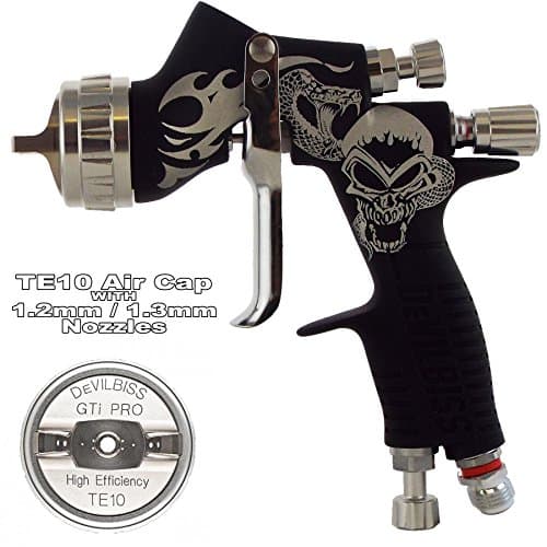 DeVilbiss GTI ProLite SKULL TE10 High Efficiency Air Cap Solvent/Waterbase Spray Gun 1.2/1.3mm Set Up can be used for waterbased and also lacquer - this is a good all rounder to do multiple tasks