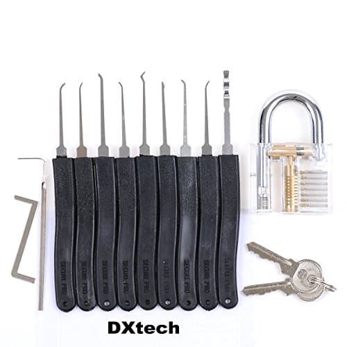 DXtech® 11-Piece Unlocking Lock Pick Set Key Extractor Tool + Transparent Practice Padlocks