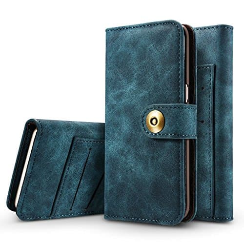 LuxProtech iPhone 7 Case Premium Leather Flip ShockProof Wallet / Purse &amp; Magnetic Detachable Case - Flip Wallet Purse &amp; Leather Cover / Case for iPhone 7 (LP010-IP7) (Light Blue)
