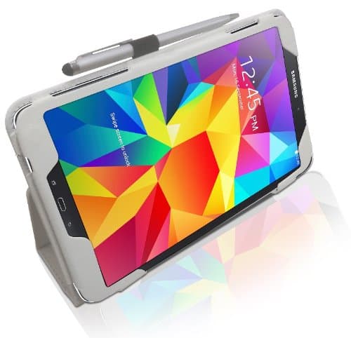 Samsung Galaxy Tab 4 8.0 inch (2014 release) Multi-Angle Case with Bonus 2 in 1 Biro Stylus / Auto Sleep &amp; Wake Sensor by LuvTab® (White)