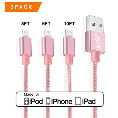 iPhone Charging Cable, JISWK 3 Pack 3ft/6ft/10ft Nylon Braided Lightning Cable for Iphone/iPad Pro/Air/mini,iPod and More (Rose gold)