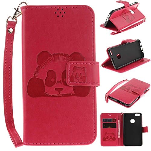 Huawei P10 Lite Case, CUSKING Panda Pattern Flip Stand Leather Wallet Case Magnetic Cover with Card Holder and Wrist Strap - Hot Pink