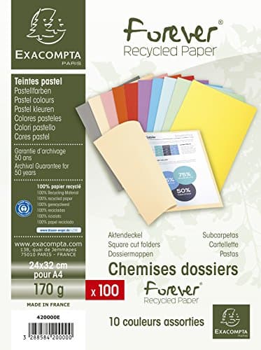Exacompta - Ref 420000E - Forever Collection - Recycled Square Cut Folder - A4 (210 x 297mm), 170gsm Recycled Board, Blue Angel Certified - Assorted Colours (Pack of 100)