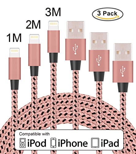 Flashstye 3 Pack 1M 2M 3M Nylon Braided Lightning to USB Cable Apple lightning cable for iPhone 7 Plus 6S Plus 6 Plus SE 5S 5C 5, iPad 2 3 4 Mini, iPad Pro Air, iPod.(Rose gold &amp; Black)