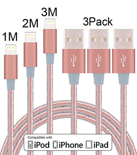 Elebar Nylon Braided Apple USB Lightning Cable 3Pack 1M 2M 3M for iPhone 7s 7 Plus 6s 6 Plus 5s 5c 5, iPad Pro, Air 2,iPad mini,iPod touch 5th gen / 6th gen / nano 7th gen-Rose Gold