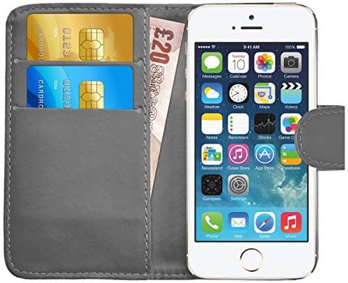 iPhone SE Case, iPhone 5S Case, iPhone 5 Case, G-Shield Leather Wallet Case [Slim Fit] Premium Flip Cover Case With [Card Slots] [Magnetic Closure] For Apple iPhone 5 / 5S / SE - Grey