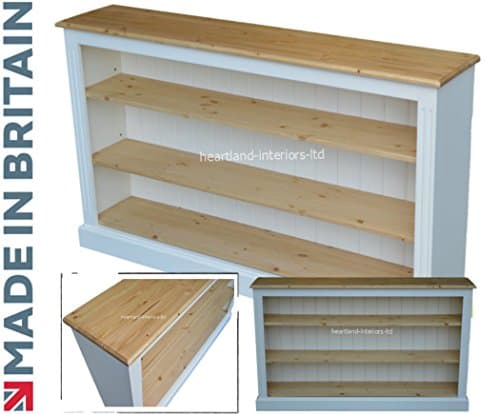 Heartland Pine Solid Wood Low Bookcase, 3ft x 5ft White Painted &amp; Waxed Contrasting Adjustable Display Storage Shelving Unit. Bookshelves. No flat packs, No assembly (BK07-P)