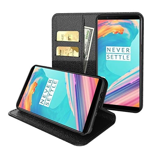 OnePlus 5T Leather Wallet Case, EJBOTH Flip PU Leather Stand Case Cover Drop Proof Slim Fit with Embedded Magnetic Closure - Auto sleep and wake up Function. [ black ]