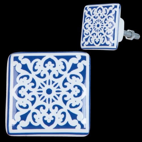 Blue & White Patterned Ceramic Square Doorknob Drawer Knob Cabinet Pull 3x3 cm
