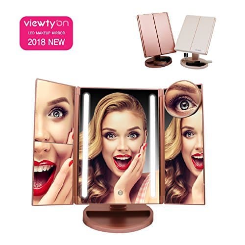 ViewtyOn New 2018 Model Led Lighted Makeup Mirror(Unique Beige Pink) 180 Degree Tri-Fold with 10x 3x 2x 1x Magnifying Mirror, Clearner and Brightness control Touch Screen, cosmetic Bathroom Mirror
