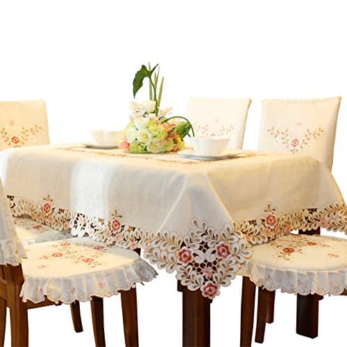 Damask pink flower embroidered beige tablecloth rectangular 57cm x 118cm 22 x 46 inch approx