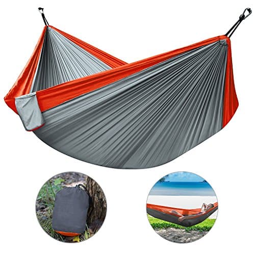 Camping Hammock, Htld Double Hammock Lightweight Portable Nylon Hammock for Backpacking, Hiking, Camping,Survival Travel, Beach Yard with adjustable Tree Straps &amp; Steel Carabiners (Orange+Gray)