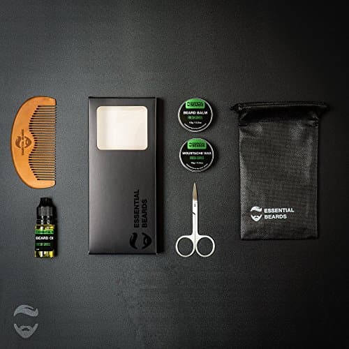 Beard Grooming Sets for Men, 6 Piece Kit - Beard Balm, Moustache Wax, Beard Oil, Comb, Scissors, Bag &amp; Essential Beards Gift Box (Fresh Grass)