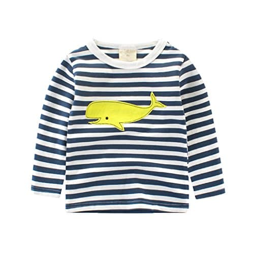 Boys Long Sleeve Stripe Pullover Tee Cotton Basic T-Shirt Tops Shirt for Toddler Kids 1-7 Years with Whale Aircraft Printing