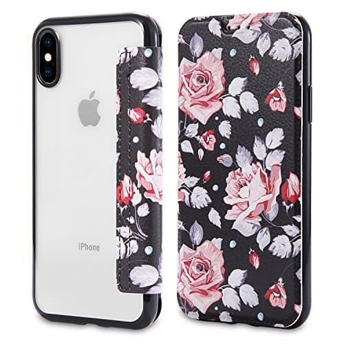 iPhone X Case,iPhone 10 Case,Snewill Slim PU Leather Folio Flip Wallet Case with Card Slot &amp; Clear Soft TPU Back Cover for Apple iPhone X/10-Rose Flower