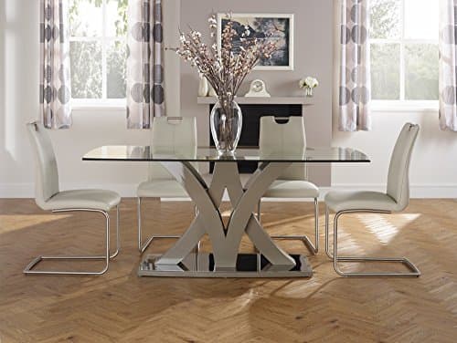 Barcelona Taupe Tempered Glass Fixed Rectangular Table & 4 Malaga Choc Grey Faux Leather Chair Brushed Stainless Steel Base - Dining Room Sets Ideal for Modern Contemporary Kitchens & Dining Rooms