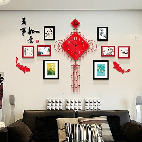 NMPZ- Oversized Living Room Frame Wall Chinese Wind Solid Wood Creative Wall Combination Chinese Knot Photo Wall European Wall Clock Creative Photo Frame Combination DIY Decoration Sofa TV Background Photo Frame Wall