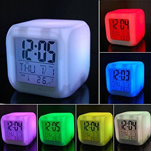 Digital Alarm Clock Bedside Clock 7 LED Cube Color Change Glowing Wake Up Light Alarm Clock with Time Alarm Sleeping Temperature Display Function for Boys Girls Kids Adults (White)