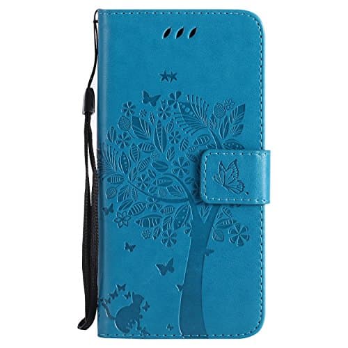 iPhone X Case, CUSKING PU Leather Wallet Case with Card Slots, Magnetic Shockproof Embossed Cat Tree Butterfly Pattern Design Case Cover for Apple iPhone X - Blue