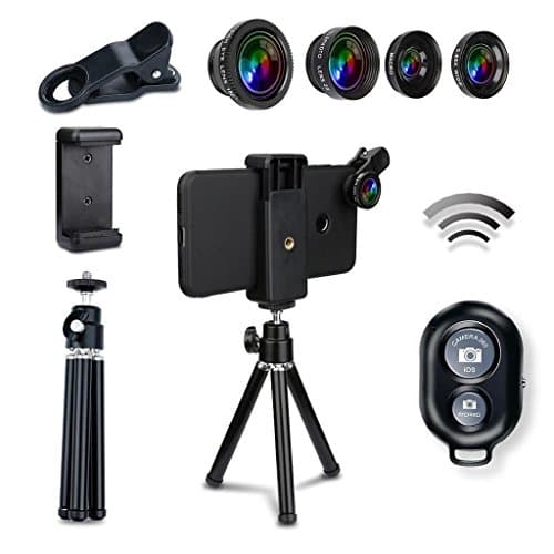 7 in 1 Smartphone Camera Lens Kit, Bluetooth Remote Control + Mini Tripod + Fish Eye + Wide Angle + Macro Lens + 2X Telephoto Lens