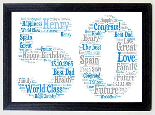 Personalised 16th, 21st, 30th, 40th, 50th, 60th, 70th, 80th Framed Birthday A4 Print Gift Keepsake, Any age - Black Wood Frame with a Blues &amp; Grey Print